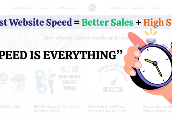 Website speed illustration showing stopwatch and fast-loading web page.