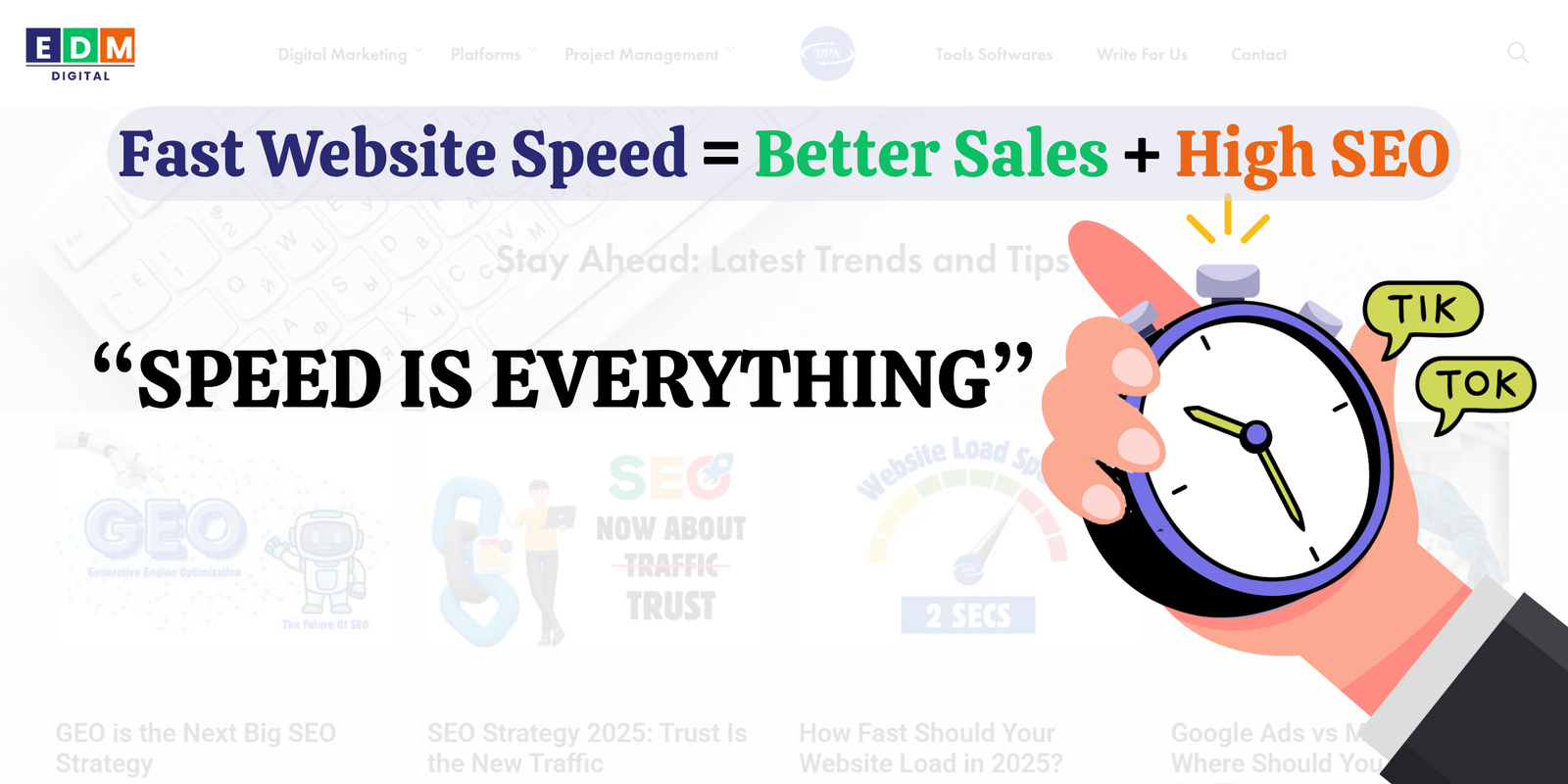 Website speed illustration showing stopwatch and fast-loading web page.