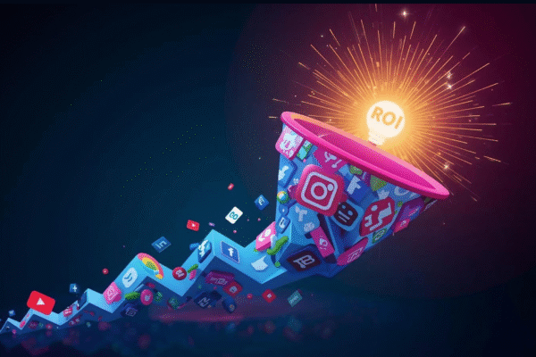 Hero illustration of different digital ad platforms funneling into business growth for small businesses in 2025