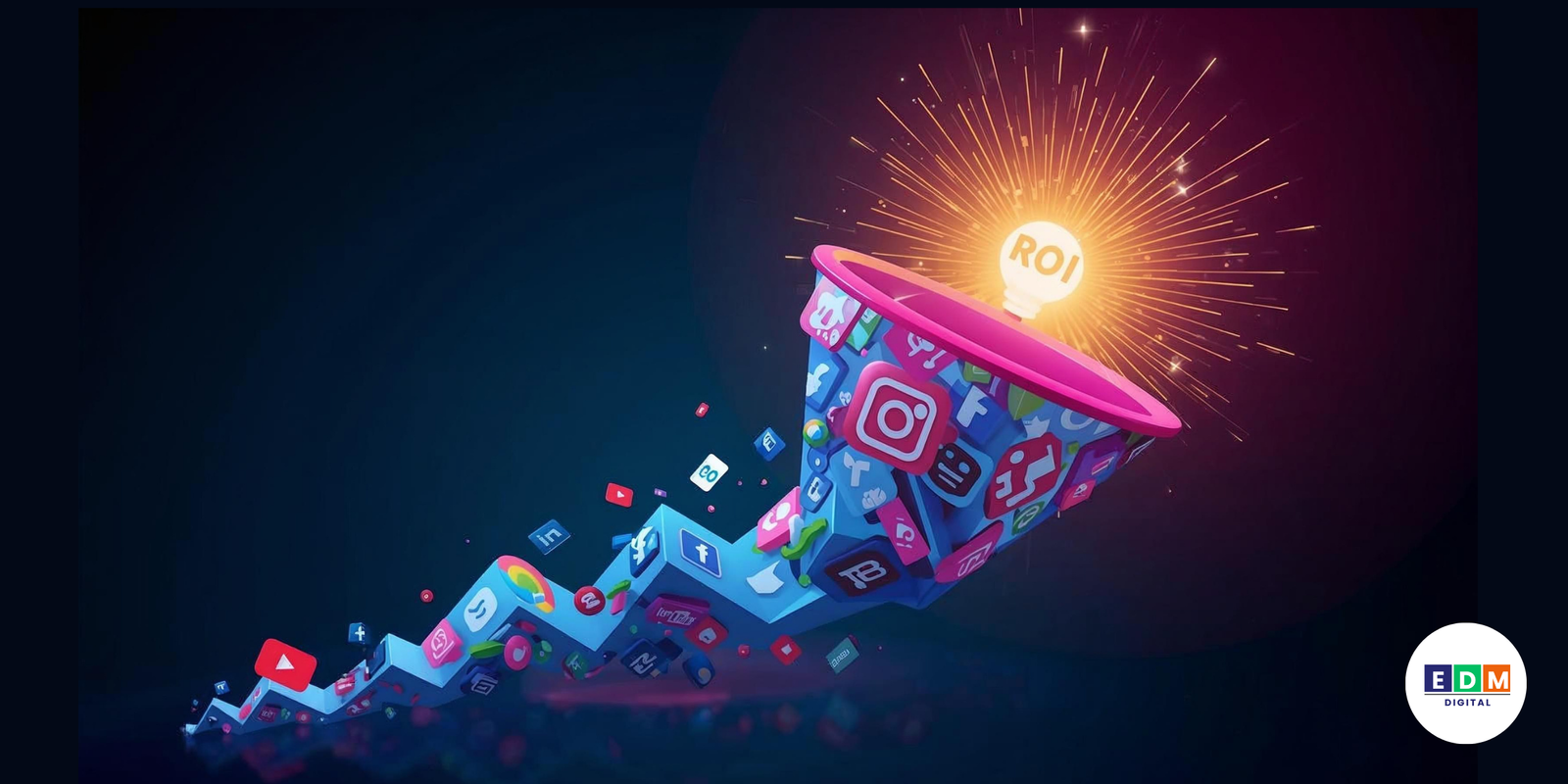 Hero illustration of different digital ad platforms funneling into business growth for small businesses in 2025