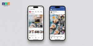 Visual mockup of Facebook carousel ad and Instagram Reels ad for small businesses