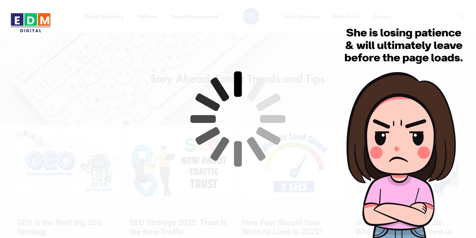 Slow-loading website with frustrated users exiting