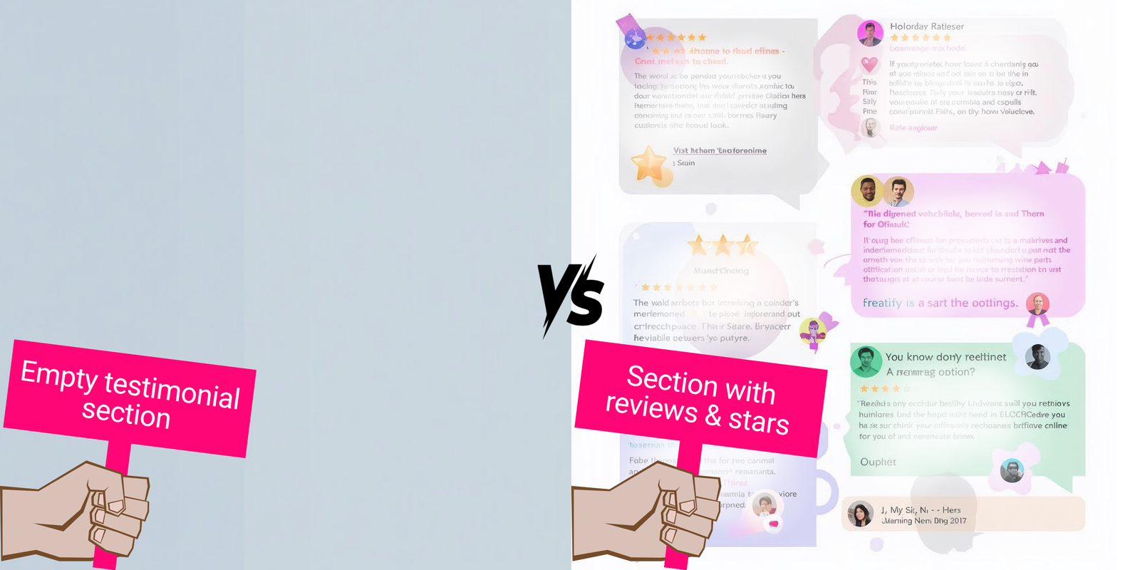 Website with no social proof compared to one with testimonials and reviews