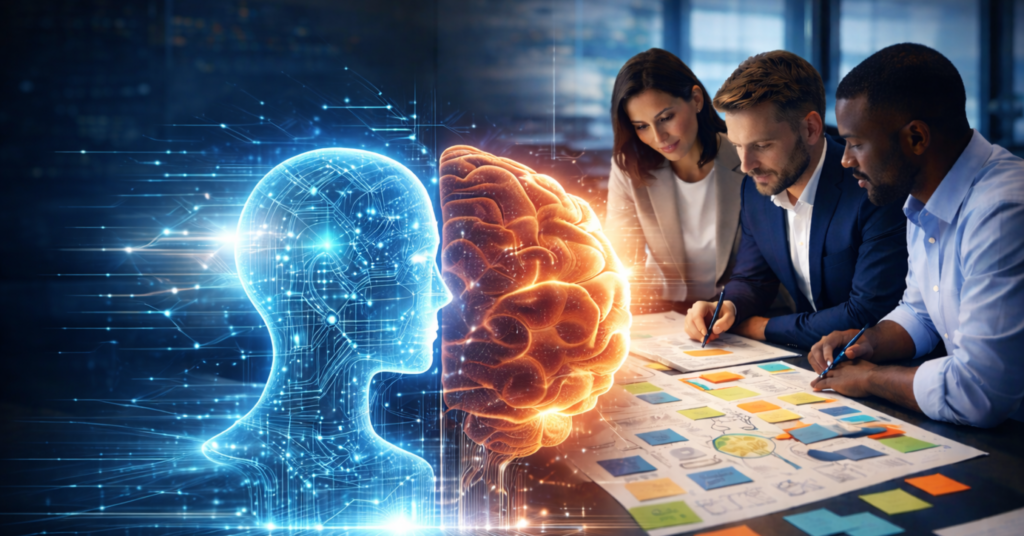 Large human brain and AI neural interface visual representing the balance between human creativity and AI automation in modern marketing