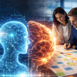 Large human brain and AI neural interface visual representing the balance between human creativity and AI automation in modern marketing