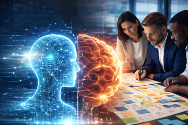 Large human brain and AI neural interface visual representing the balance between human creativity and AI automation in modern marketing