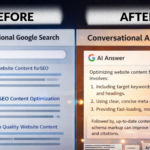 Split-screen comparison of traditional Google SERP blue links vs AI-generated answer panel showing content retrieval over rankings