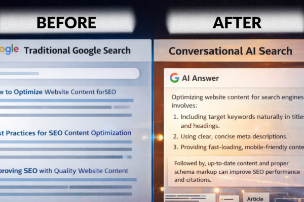 Split-screen comparison of traditional Google SERP blue links vs AI-generated answer panel showing content retrieval over rankings