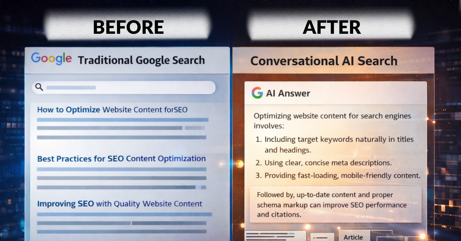 Split-screen comparison of traditional Google SERP blue links vs AI-generated answer panel showing content retrieval over rankings
