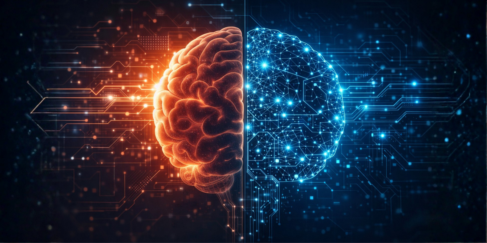 Split-screen visual showing a human brain and an AI neural network connected by digital lines, representing collaboration between human creativity and AI automation in marketing