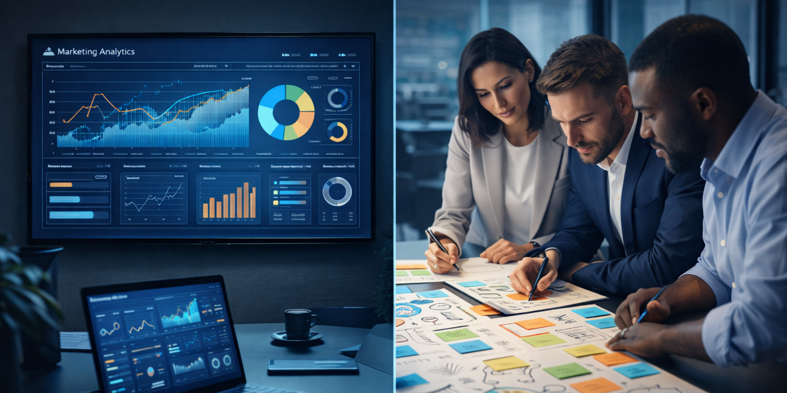 Marketing analytics dashboard displayed alongside a team brainstorming creative ideas, representing the balance between data-driven insights and human creativity in marketing