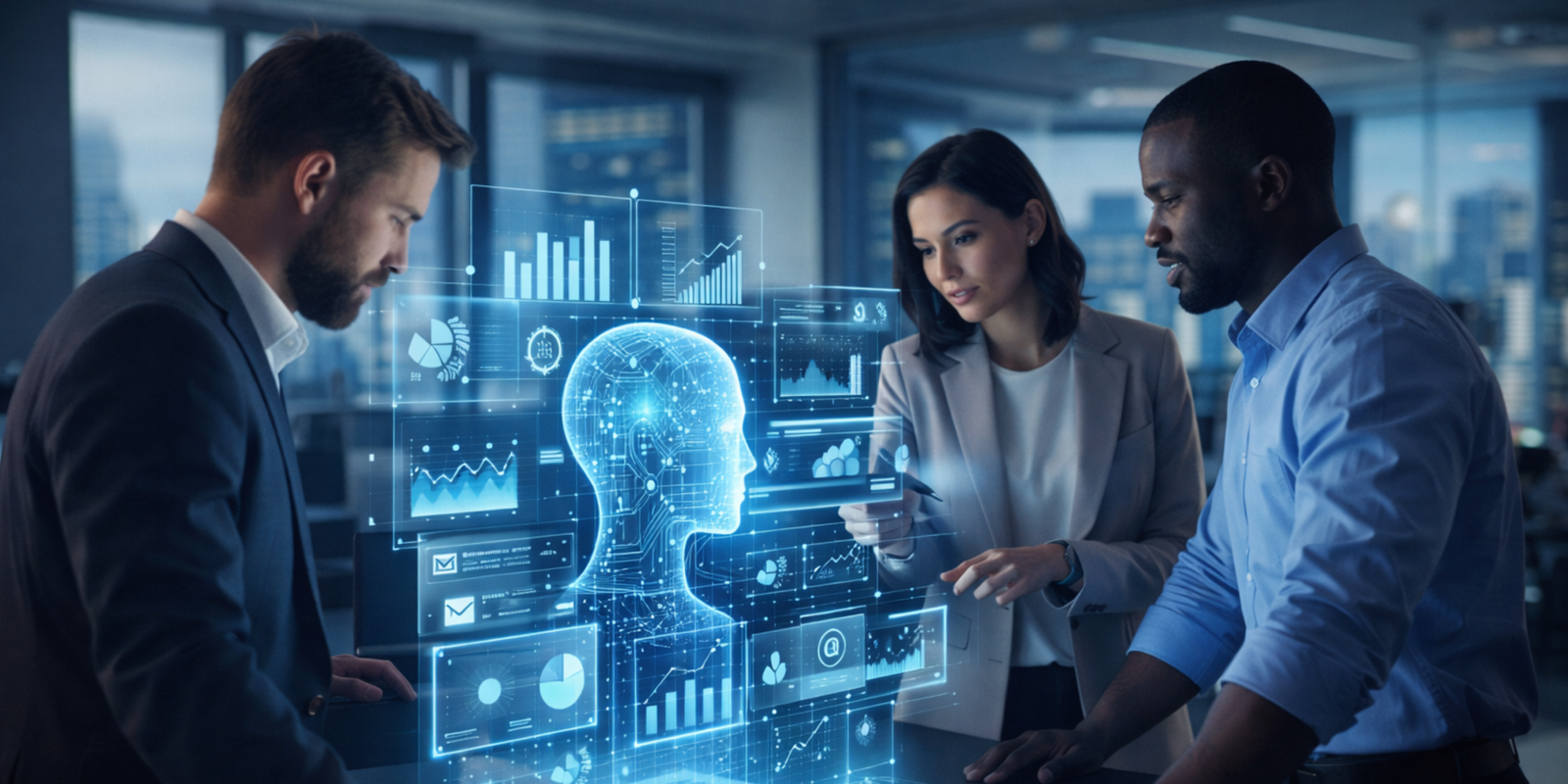 Modern marketing team collaborating with an AI holographic interface, blending human creativity and AI automation in a futuristic workspace